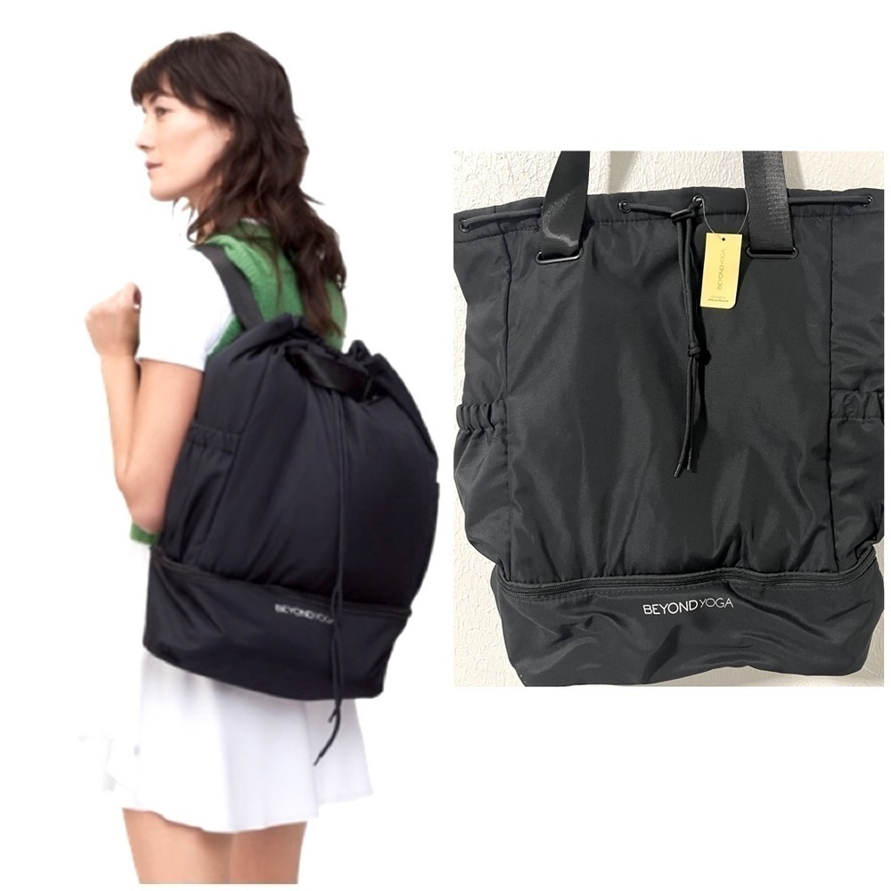 NWT BEYOND YOGA Black Convertible Gym Bag Gym to Desk Side Pockets Wide Straps